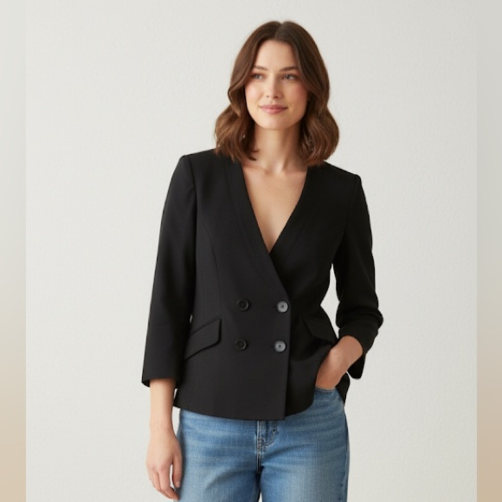 TIBI New York Double Breasted Wool Classic Blazer 3/4 Sleeve Black Size 2 Office